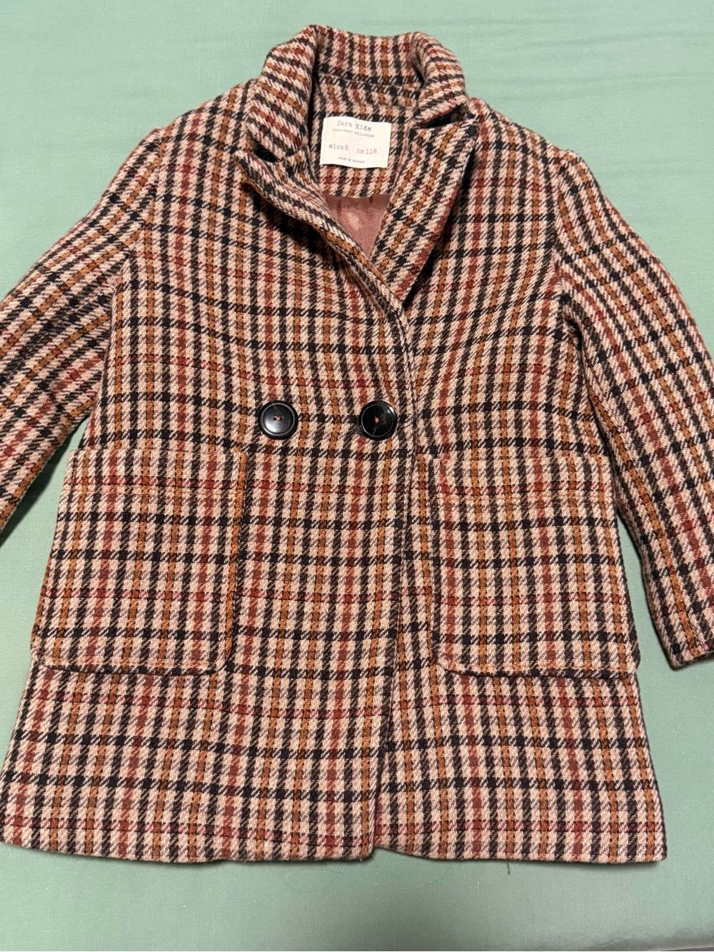 Zara Girls Plaid Wool-Blend Coat in Brown, Tan & Black